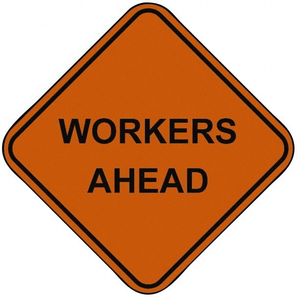 PRO-SAFE - "Workers Ahead", 48" Wide x 48" High, Nylon Construction Roadway Signs - Orange, Square, Sign Stand Mount - Exact Tooling