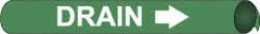 NMC - Pipe Marker with Drain Legend and Arrow Graphic - 3-3/8 to 4-1/2" Pipe Outside Diam, White on Green - Exact Tooling