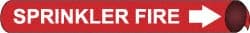 NMC - Pipe Marker with Sprinkler Fire Legend and Arrow Graphic - 2-1/2 to 3-1/4" Pipe Outside Diam, White on Red - Exact Tooling