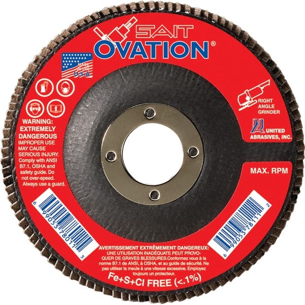 Sait - 36 Grit, 4-1/2" Disc Diam, 7/8" Center Hole, Type 27 Zirconia Alumina Flap Disc - 13,300 Max RPM, Fiberglass Backing, Arbor Attaching System, Coated - Exact Tooling