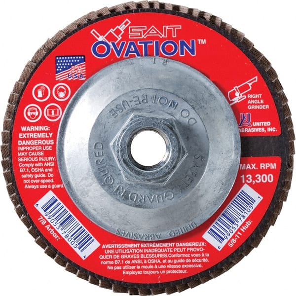 Sait - 40 Grit, 4-1/2" Disc Diam, 5/8-11 Center Hole, Type 27 Zirconia Alumina Flap Disc - 13,300 Max RPM, Fiberglass Backing, Arbor Attaching System, Coated - Exact Tooling