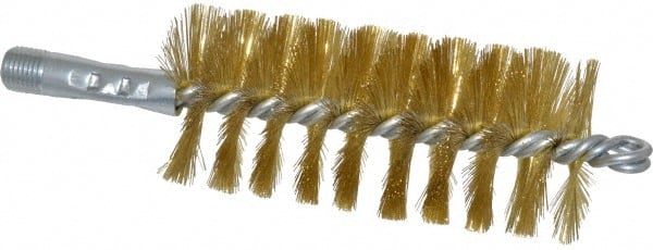 Schaefer Brush - 4-1/2" Brush Length, 2" Diam, Double Stem, Single Spiral Tube Brush - 8" Long, Brass, 1/4" NPSM Male Connection - Exact Tooling