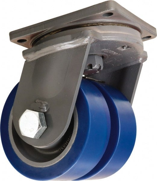 Hamilton - 8" Diam x 3" Wide x 11" OAH Top Plate Mount Dual Swivel Caster - Polyurethane Mold on Forged Steel, 7,000 Lb Capacity, Tapered Roller Bearing, 8-1/2 x 8-1/2" Plate - Exact Tooling