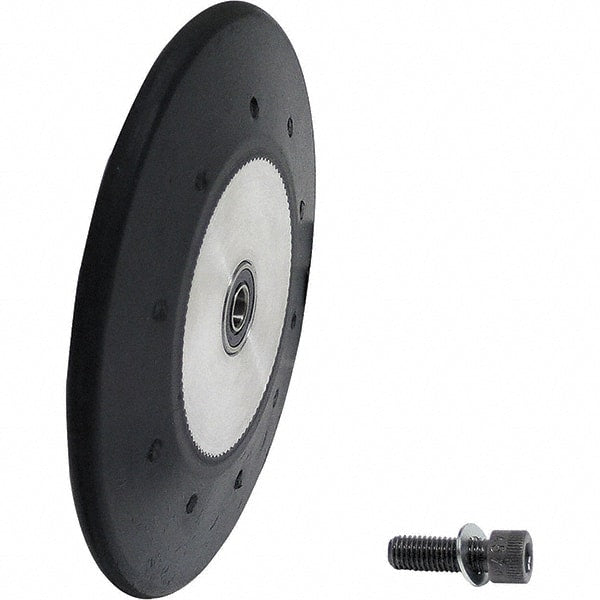 Dynabrade - 4" Diam x 1/2" Wide Contact Wheel Assembly - 1/4" Arbor Hole, Radiused, 70 Duro Rubber Face - Exact Tooling