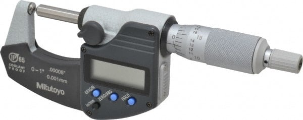 Mitutoyo - 25.4mm Max Measurement, Spherical Face Micrometer - Accuracy Up to 0.0001 Inch, Data Output, 0.0001 Inch Resolution, Electronic Operation, Ratchet Stop Thimble, IP65 Water Resistance Rating, SR44 Battery - Exact Tooling