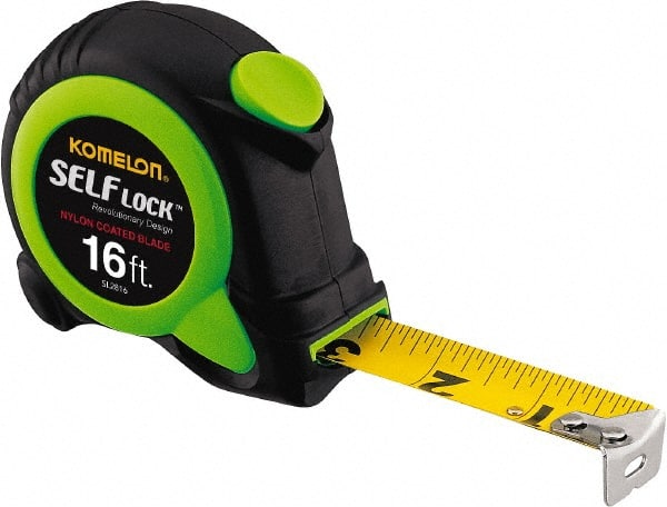 Komelon - 16' x 3/4" Yellow Steel Blade Tape Measure - 1/16" Graduation, Inch Graduation Style, High-Visibility Green/Black ABS Plastic Case - Exact Tooling