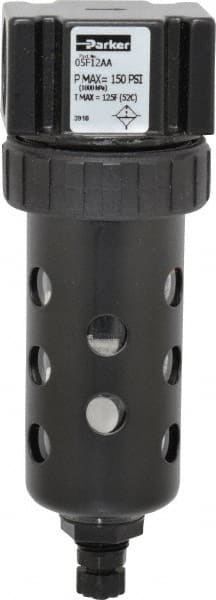 Parker - 1/4" Port, 5.91" High x 2" Wide Compact Filter with Polycarbonate Bowl, Manual Drain - 24 SCFM, 150 Max psi, 125°F Max Temp, Modular Connection, Bowl Guard, 2 oz Bowl Capacity - Exact Tooling