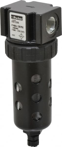 Parker - 3/8" Port, 5.91" High x 2" Wide Compact Filter with Polycarbonate Bowl, Manual Drain - 70 SCFM, 150 Max psi, 125°F Max Temp, Modular Connection, Bowl Guard, 2 oz Bowl Capacity - Exact Tooling