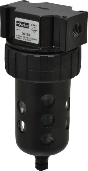 Parker - 1/4" Port, 6.22" High x 2.81" Wide Intermediate Filter with Polycarbonate Bowl, Manual Drain - 53 SCFM, 150 Max psi, 125°F Max Temp, Modular Connection, Bowl Guard, 4.4 oz Bowl Capacity - Exact Tooling