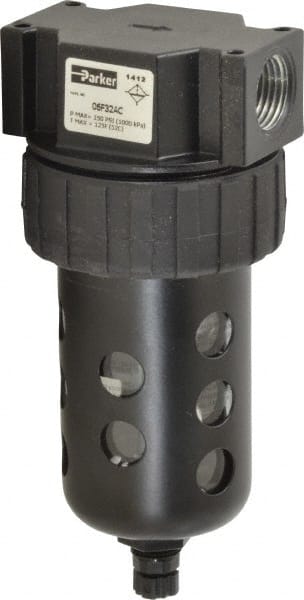 Parker - 1/2" Port, 6.22" High x 2.81" Wide Intermediate Filter with Polycarbonate Bowl, Manual Drain - 85 SCFM, 150 Max psi, 125°F Max Temp, Modular Connection, Bowl Guard, 4.4 oz Bowl Capacity - Exact Tooling