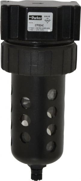 Parker - 1/2" Port, 7.67" High x 3.24" Wide Standard Filter with Polycarbonate Bowl, Manual Drain - 130 SCFM, 150 Max psi, 125°F Max Temp, Modular Connection, Bowl Guard, 7.2 oz Bowl Capacity - Exact Tooling