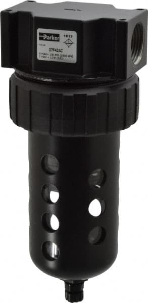 Parker - 3/4" Port, 7.67" High x 3.24" Wide Standard Filter with Polycarbonate Bowl, Manual Drain - 145 SCFM, 150 Max psi, 125°F Max Temp, Modular Connection, Bowl Guard, 7.2 oz Bowl Capacity - Exact Tooling