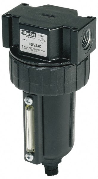 Parker - 1/2" Port, 6.22" High x 2.81" Wide Intermediate Filter with Metal Bowl, Manual Drain - 85 SCFM, 250 Max psi, 175°F Max Temp, Sight Glass Included, Modular Connection, 4.4 oz Bowl Capacity - Exact Tooling