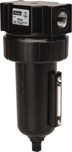 Parker - 1/2" Port, 7.67" High x 3.24" Wide Standard Filter with Metal Bowl, Manual Drain - 130 SCFM, 250 Max psi, 175°F Max Temp, Sight Glass Included, Modular Connection, 7.2 oz Bowl Capacity - Exact Tooling