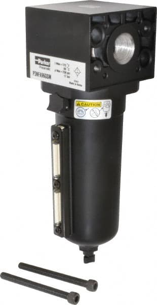 Parker - 3/4" Port, 10.95" High x 3.62" Wide Heavy Duty Filter with Metal Bowl, Manual Drain - 270 SCFM, 250 Max psi, 175°F Max Temp, Sight Glass Included, Modular Connection, 18 oz Bowl Capacity - Exact Tooling