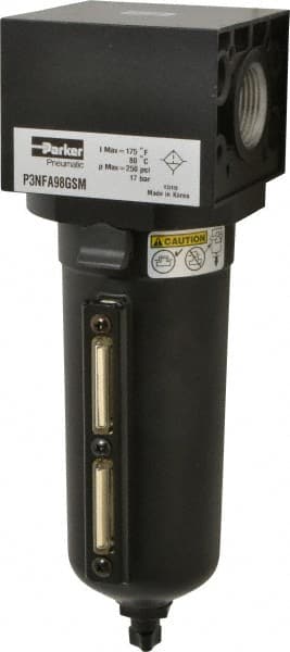 Parker - 1" Port, 10.95" High x 3.62" Wide Heavy Duty Filter with Metal Bowl, Manual Drain - 300 SCFM, 250 Max psi, 175°F Max Temp, Sight Glass Included, Modular Connection, 18 oz Bowl Capacity - Exact Tooling