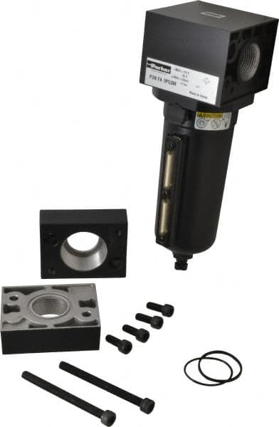 Parker - 1-1/2" Port, 10.95" High x 5.59" Wide Heavy Duty Filter with Metal Bowl, Manual Drain - 310 SCFM, 250 Max psi, 175°F Max Temp, Sight Glass Included, Modular Connection, 18 oz Bowl Capacity - Exact Tooling