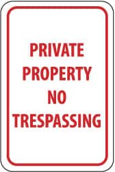 NMC - "Private Property - No Trespassing", 12" Wide x 18" High, Aluminum Parking Lot Traffic Signs - 0.04" Thick, Red on White, Rectangle, Post Mount - Exact Tooling