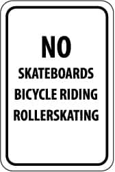NMC - "No Skateboards Bicycle Riding Rollerskating", 12" Wide x 18" High, Aluminum Parking Lot Traffic Signs - 0.063" Thick, Black on White, Rectangle, Post Mount - Exact Tooling