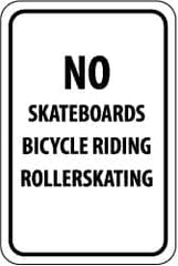 NMC - "No Skateboards Bicycle Riding Rollerskating", 12" Wide x 18" High, Aluminum Parking Lot Traffic Signs - 0.063" Thick, Black on White, Rectangle, Post Mount - Exact Tooling