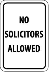 NMC - "No Solicitors Allowed", 12" Wide x 18" High, Aluminum Parking Lot Traffic Signs - 0.08" Thick, Black on White, Engineer Grade Reflectivity, Rectangle, Post Mount - Exact Tooling