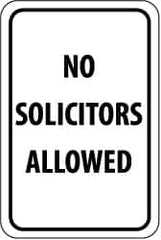 NMC - "No Solicitors Allowed", 12" Wide x 18" High, Aluminum Parking Lot Traffic Signs - 0.08" Thick, Black on White, Engineer Grade Reflectivity, Rectangle, Post Mount - Exact Tooling