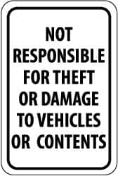 NMC - "Not Responsible for Theft or Damage to Vehicles or Contents", 12" Wide x 18" High, Aluminum Parking Lot Traffic Signs - 0.04" Thick, Black on White, Rectangle, Post Mount - Exact Tooling