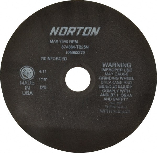 Norton - 8" 36 Grit Aluminum Oxide Cutoff Wheel - 1/16" Thick, 1-1/4" Arbor, 7,640 Max RPM, Use with Stationary Grinders - Exact Tooling