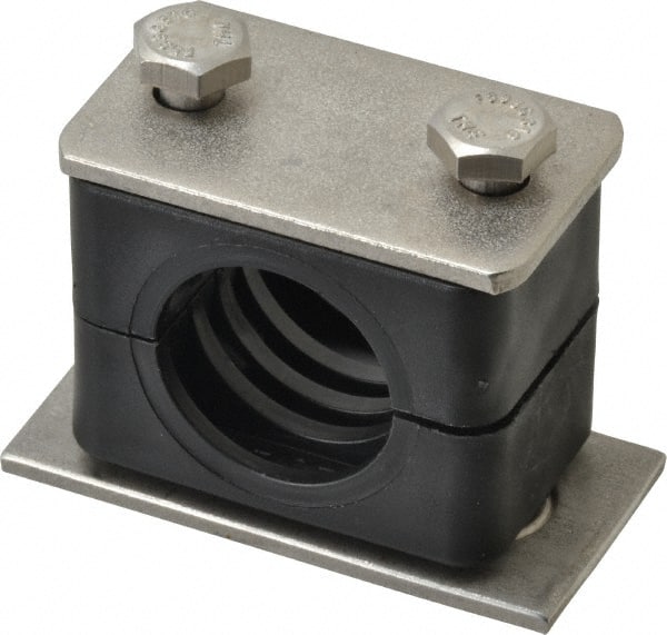 HYDAC - 1.97" Wide x 1.69" High x 1.18" Deep, Polypropylene Standard Duty Stainless Vibration-Control Clamp - Stainless Steel Plate, Mount with Weld Plate, Top Plate, Plastic Clamp Pair, Bolts - Exact Tooling