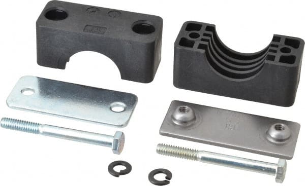 HYDAC - 2.83" Wide x 2.52" High x 1.18" Deep, Polypropylene Standard Duty Vibration-Control Clamp - Carbon Steel Plate, For 1" Pipe, Mount with Weld Plate, Top Plate, Plastic Clamp Pair, Bolts - Exact Tooling