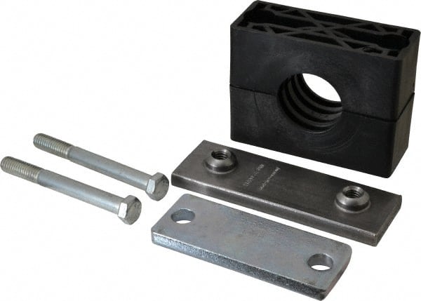 HYDAC - 5.51" Wide x 4.33" High x 1.77" Deep, Polypropylene Heavy Duty Vibration-Control Clamp - Carbon Steel Plate, Mount with Weld Plate, Top Plate, Plastic Clamp Pair, Bolts - Exact Tooling