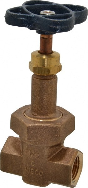 NIBCO - 1/2" Pipe, Class 200, Threaded Bronze Alloy Solid Wedge Rising Stem Gate Valve - 400 WOG, 200 WSP, Union Bonnet - Exact Tooling