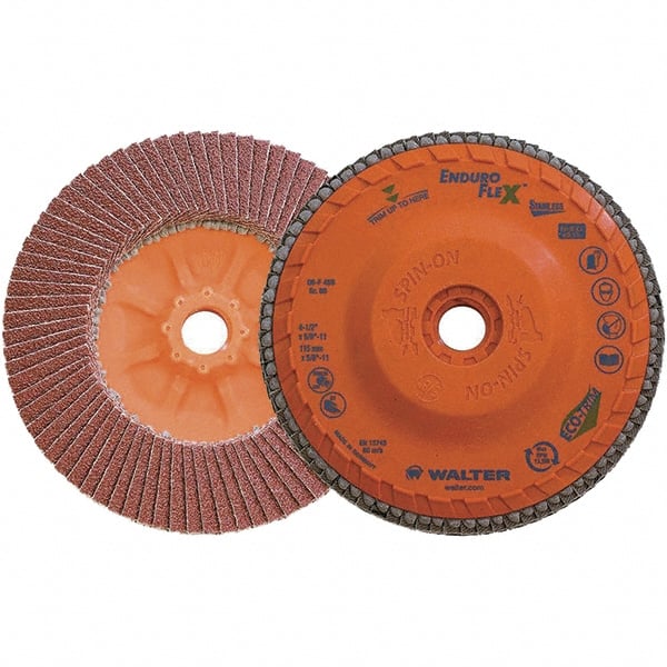 WALTER Surface Technologies - 80 Grit, 4-1/2" Disc Diam, 5/8-11 Center Hole, Zirconia Alumina Flap Disc - 13,300 Max RPM, Plastic Backing, Arbor Attaching System, Coated - Exact Tooling
