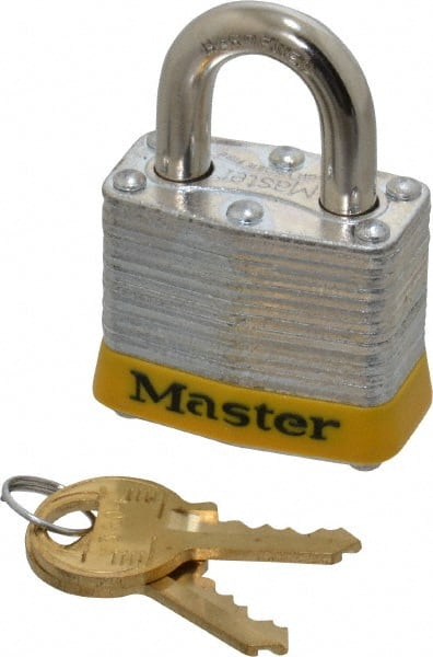 Master Lock - Keyed Different Retaining Key Conductive Lockout Padlock - 3/4" Shackle Clearance, 9/32" Shackle Diam, 1-1/4" Body Height x 1-9/16" Body Width, Yellow, 4 Pins - Exact Tooling