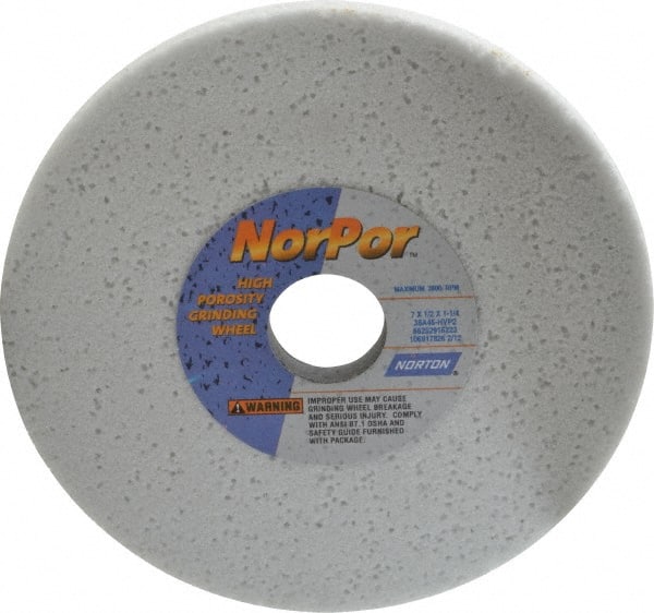 Norton - 7" Diam x 1-1/4" Hole x 1/2" Thick, H Hardness, 46 Grit Surface Grinding Wheel - Aluminum Oxide, Type 1, Coarse Grade, 3,600 Max RPM, Vitrified Bond, No Recess - Exact Tooling