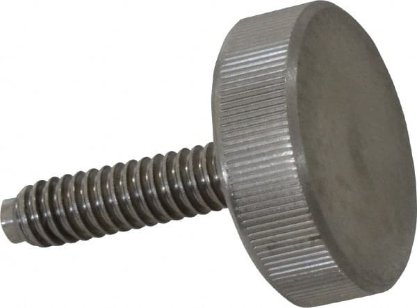 Gibraltar - 1/4-20 Knurled Shoulderless Dog Point Tip Grade 18-8 Stainless Steel Thumb Screw - 1-5/16" OAL, 1" Head Diam x 5/16" Head Height - Exact Tooling