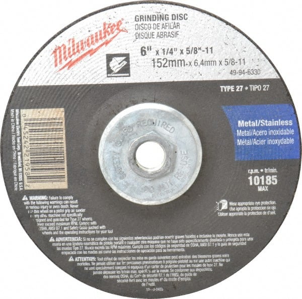 Milwaukee Tool - 24 Grit, 6" Wheel Diam, 1/4" Wheel Thickness, Type 27 Depressed Center Wheel - Aluminum Oxide, Resinoid Bond, R Hardness, 10,185 Max RPM, Compatible with Angle Grinder - Exact Tooling