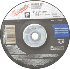 Milwaukee Tool - 24 Grit, 6" Wheel Diam, 1/4" Wheel Thickness, Type 27 Depressed Center Wheel - Aluminum Oxide, Resinoid Bond, R Hardness, 10,185 Max RPM, Compatible with Angle Grinder - Exact Tooling