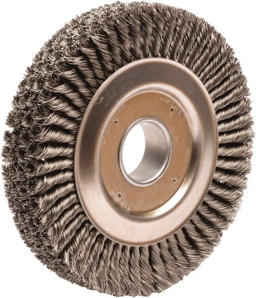 Weiler - 10" OD, 2" Arbor Hole, Knotted Steel Wheel Brush - 1-3/4" Face Width, 1-3/4" Trim Length, 0.023" Filament Diam, 4,500 RPM - Exact Tooling