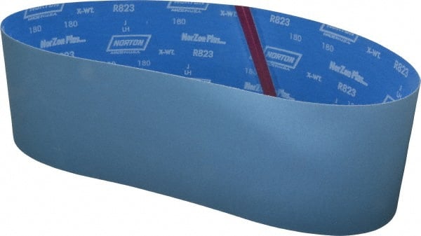 Norton - 6" Wide x 48" OAL, 180 Grit, Zirconia Alumina Abrasive Belt - Zirconia Alumina, Very Fine, Coated, X Weighted Cloth Backing, Series R823 - Exact Tooling