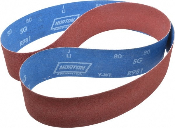 Norton - 2-1/2" Wide x 60" OAL, 80 Grit, Ceramic Abrasive Belt - Ceramic, Medium, Coated, Y Weighted Cloth Backing, Series R981 - Exact Tooling