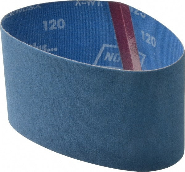 Norton - 3-1/2" Wide x 15-1/2" OAL, 120 Grit, Zirconia Alumina Abrasive Belt - Zirconia Alumina, Fine, Coated, Y Weighted Cloth Backing, Series R823 - Exact Tooling