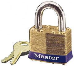 Master Lock - 15/16" Shackle Clearance, Keyed Different Laminated Brass Padlock - 5/16" Shackle Diam, Brass - Exact Tooling