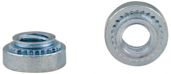 Electro Hardware - #10-24, 0.056" Min Panel Thickness, Round Head, Clinch Captive Nut - 0.34" Head Diam, 0.25" Mounting Hole Diam, 0.09" Head Height, Zinc Plated Steel - Exact Tooling