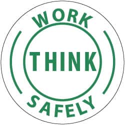 NMC - Work Think Safely, Hard Hat Label - Green on White, 2" Thick, For Accident Prevention - Exact Tooling
