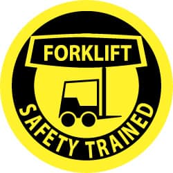 NMC - Forklift Safety Trained, Hard Hat Label - Black on Yellow, 2" Thick, For Accident Prevention - Exact Tooling