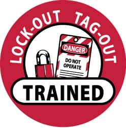 NMC - Lock-Out Tag-Out Trained, Hard Hat Label - Black & White on Red, 2" Thick, For Accident Prevention - Exact Tooling