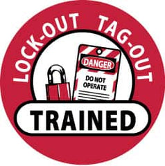 NMC - Lock-Out Tag-Out Trained, Hard Hat Label - Black & White on Red, 2" Thick, For Accident Prevention - Exact Tooling