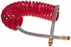 Parker - 3/8" ID, 1/2 x 1/2 Thread, 15' Long, Red SAE J844 Type B Nylon Coiled & Self Storing Hose - 150 Max psi, Parker NTA Brass Fittings - Exact Tooling