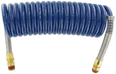 Parker - 3/8" ID, 1/2 x 1/2 Thread, 15' Long, Blue SAE J844 Type B Nylon Coiled & Self Storing Hose - 150 Max psi, Parker NTA Brass Fittings - Exact Tooling